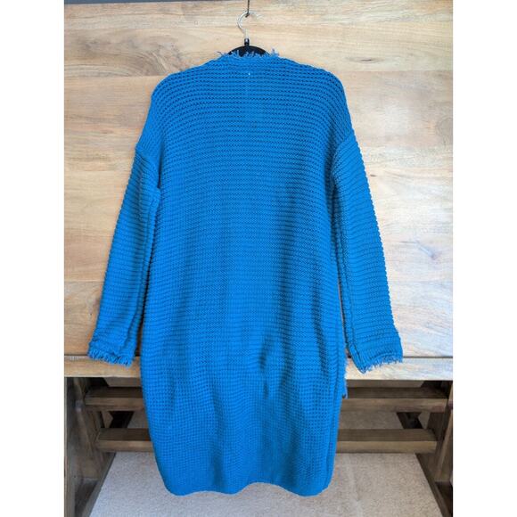 Free People Longline Cardigan Womens Small Blue Knit Frayed Trim Open Front - Picture 2 of 4